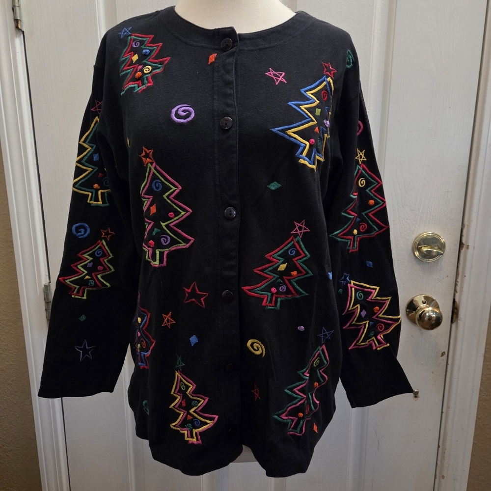 Michael Simon Christmas Sweater top lightweight Christmas Trees Xmas lite Medium